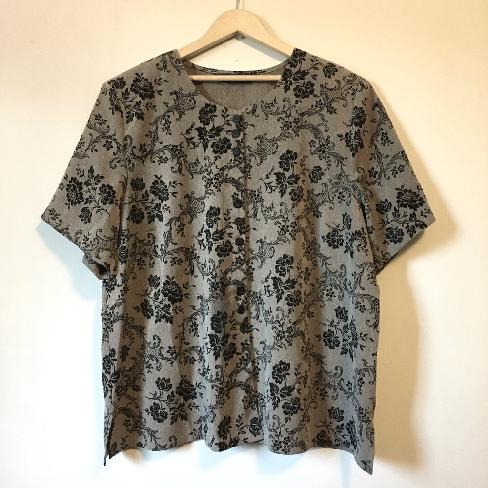 VTG Penningtons Brown Damask Wallpaper-Print Button-Down Top 20 Canadian Chic